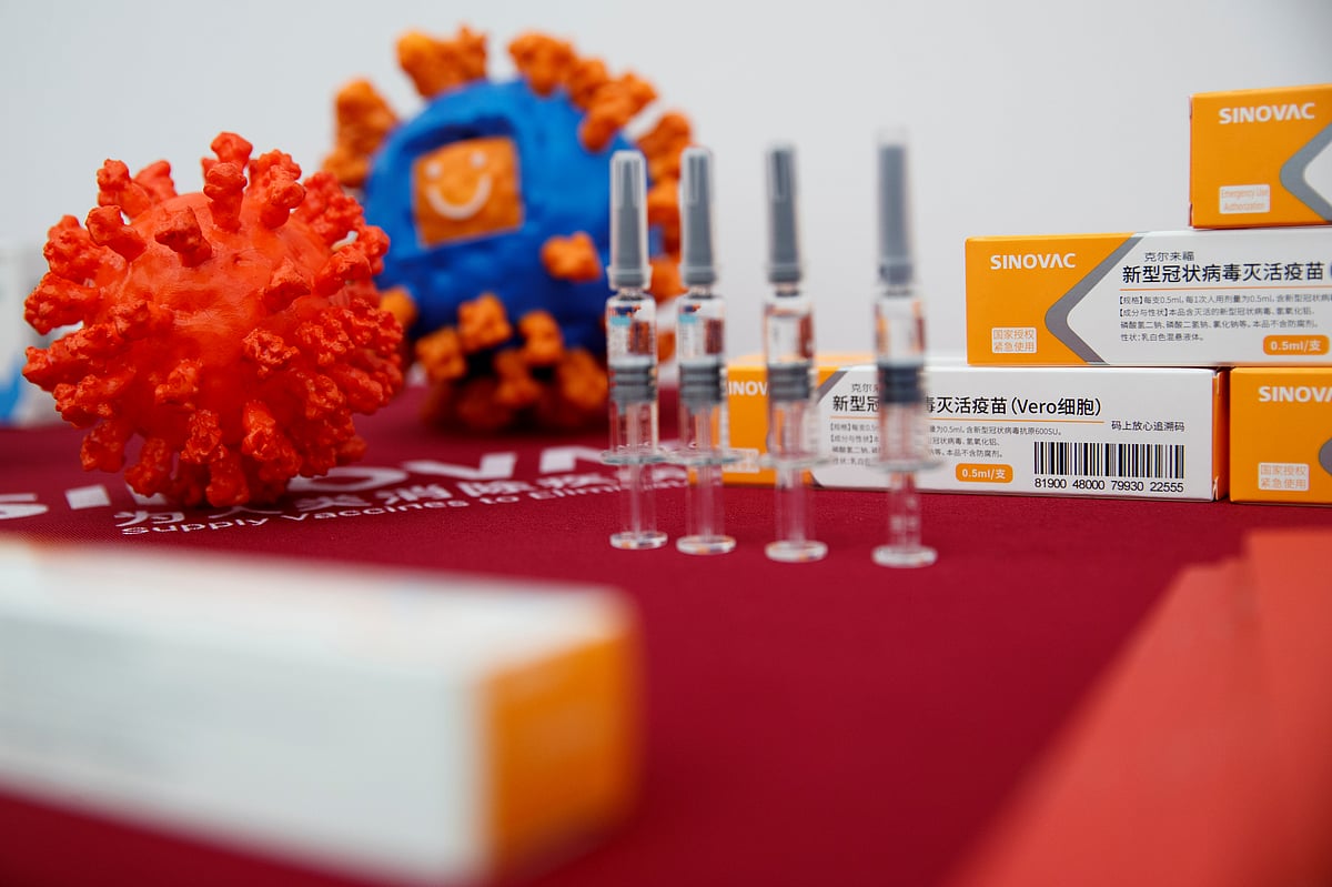 A display shows vaccine products of Sinovac Biotech during a government-organized media tour showcasing the company's development of a coronavirus disease (COVID-19) vaccine candidate in Beijing, China, on 24 September 2020