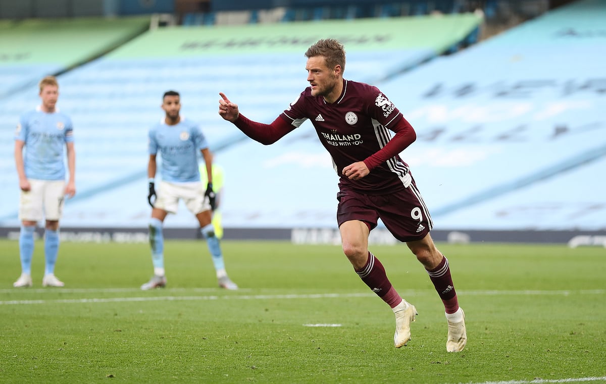 Leicester City's Jamie Vardy celebrates scoring their third goal to complete his hat-trick