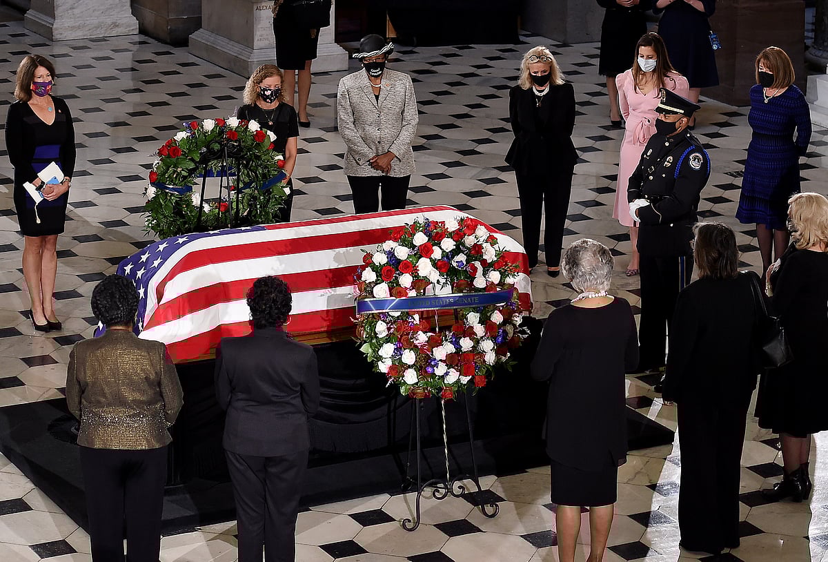US congresswomen pay their respects to the late associate justice Ruth Bader Ginsburg as her casket lies in state during a memorial service in her honor at the US Capitol, in Washington, DC, US, 25 September, 2020.