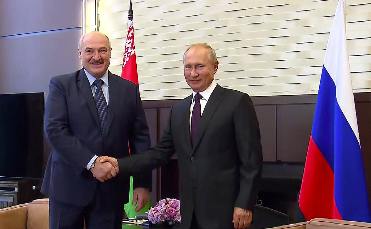 Russia's president Vladimir Putin shakes hands with his Belarusian counterpart Alexander Lukashenko during a meeting in Sochi, Russia on 14 September 2020