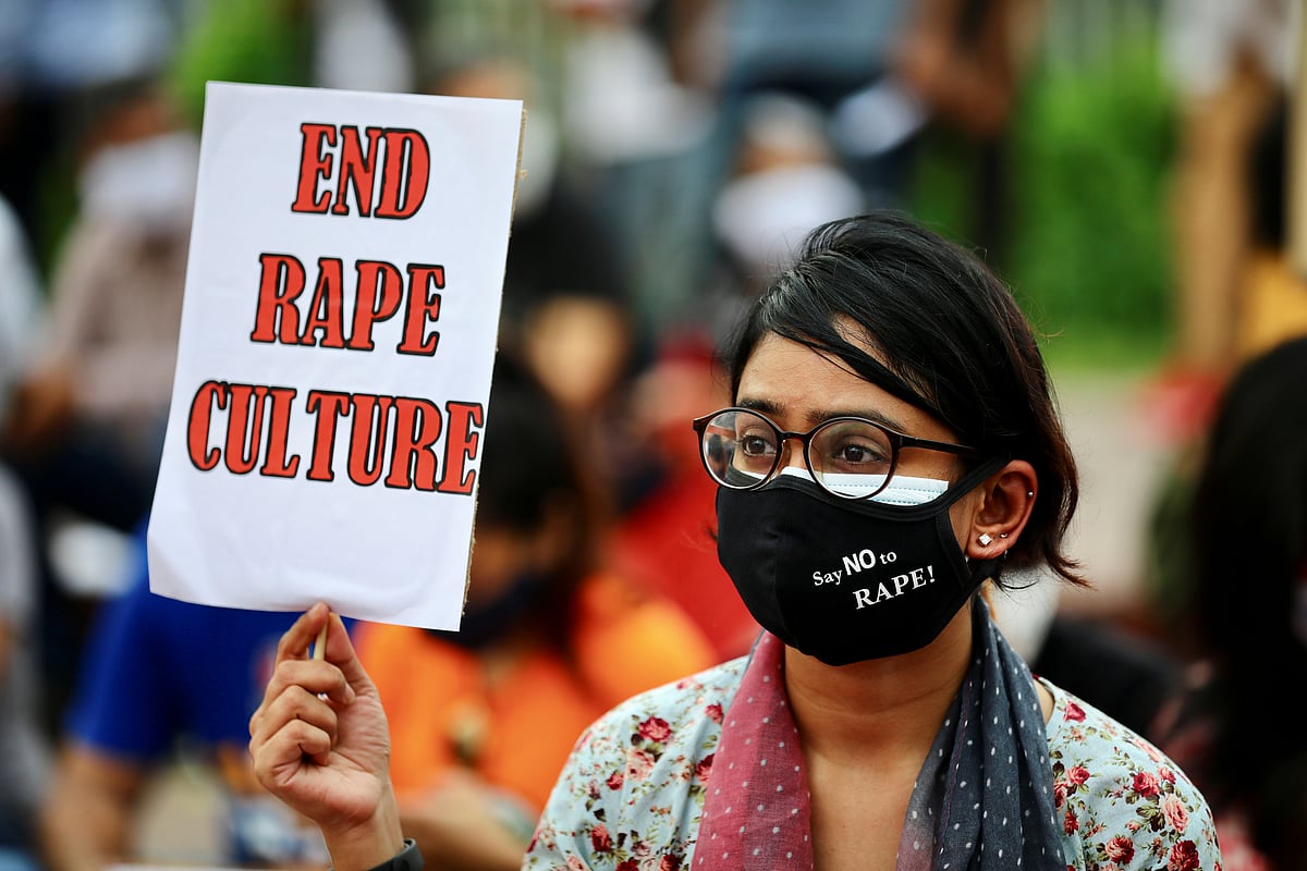 Members of a feminist group take part in an ongoing protest in front of the parliamentary building, demanding justice for the alleged gang rape of a woman in Noakhali, southern district of Bangladesh, amid the coronavirus disease (COVID-19) outbreak in Dhaka, Bangladesh, on 10 October 2020