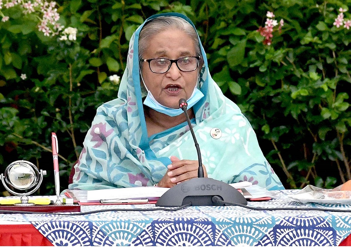 Prime minister Sheikh Hasina addresses a meeting of the Awami League Central Working Committee at her official Gonobhaban residence, Dhaka on 3 October 2020