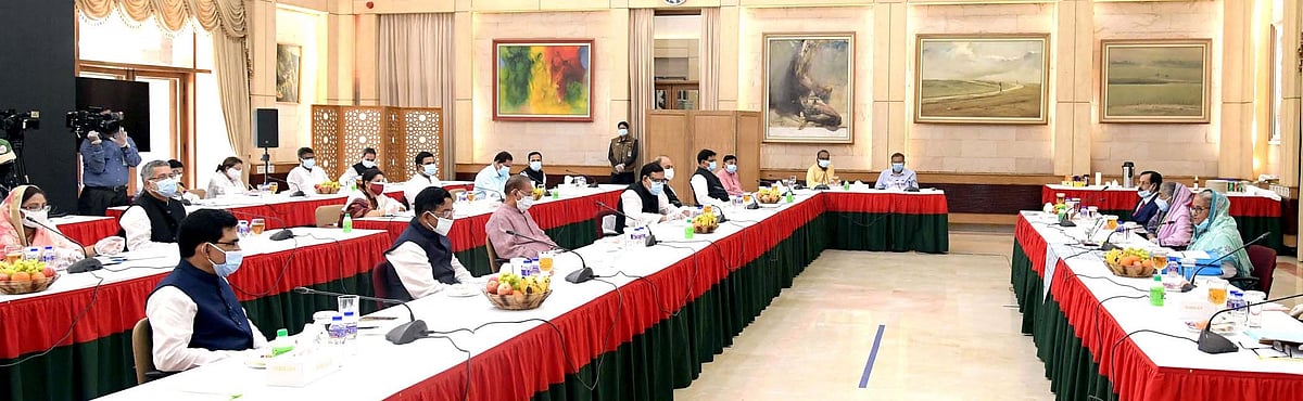 Prime minister and Awami League president Sheikh Hasina addresses a meeting of the Awami League Central Working Committee at her official Gonobhaban residence, Dhaka on 3 October 2020