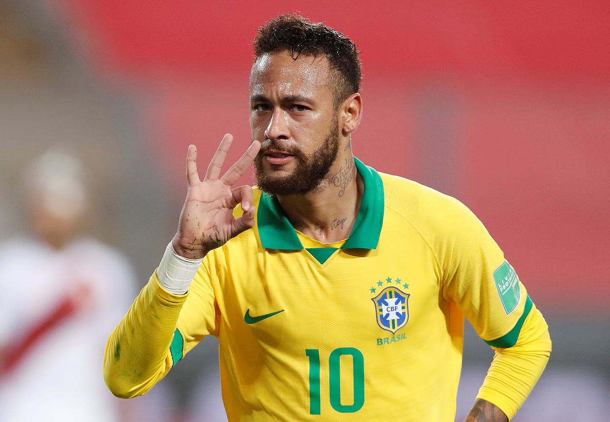 Brazil's Neymar celebrates scoring their fourth goal on 13 October 2020