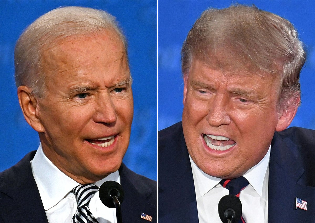 In this file combination of pictures created on 29 September 2020 Democratic presidential candidate and former US vice president Joe Biden (L) and US president Donald Trump speak during the first presidential debate at the Case Western Reserve University and Cleveland Clinic in Cleveland, Ohio