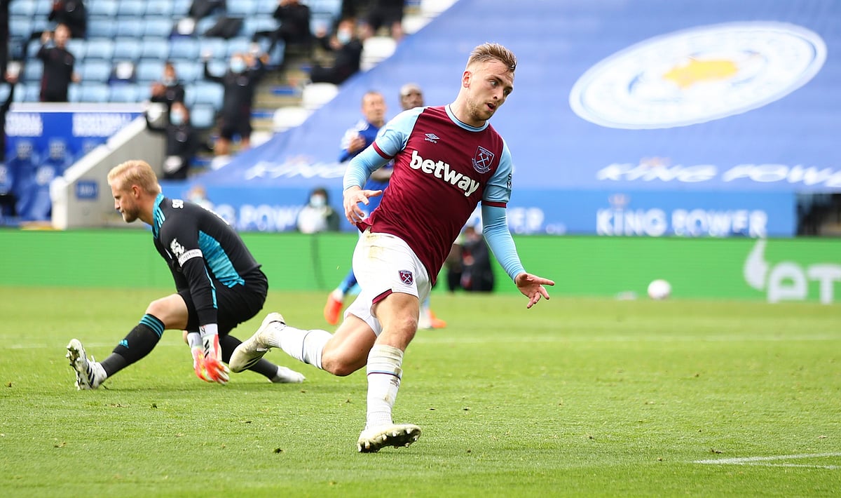 West Ham United's Jarrod Bowen celebrates scoring their third goal against  Leicester City at King Power Stadium, Leicester, Britain on 4 October, 2020