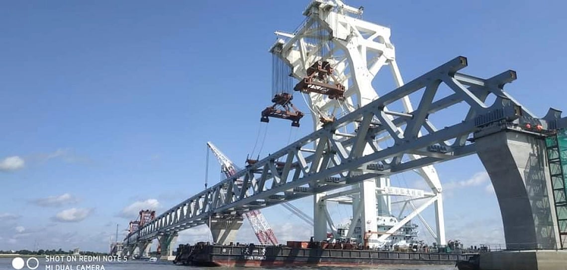 Over five kilometres of the Padma bridge has become visible with the installation of its 34th span on Sunday.