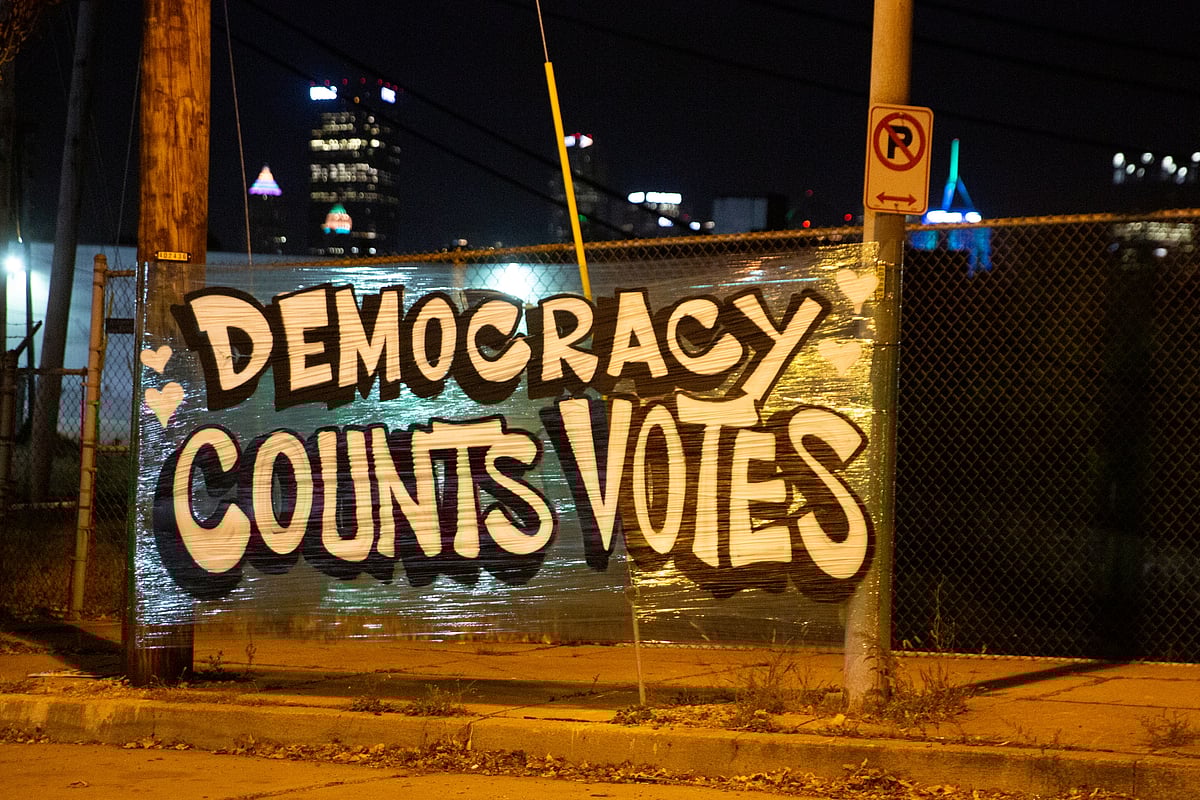 A sign is displayed near the Allegheny County Election Warehouse after the election in Pittsburgh, Pennsylvania, US on 6 November 2020