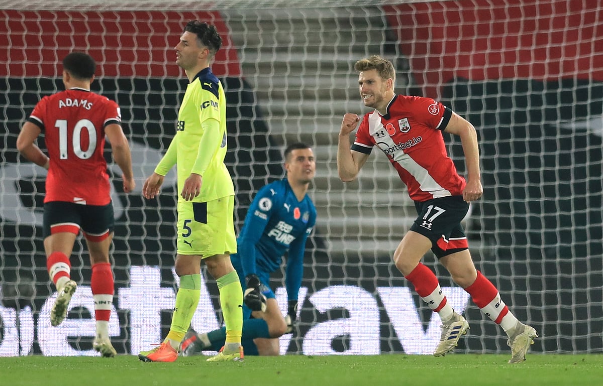 Southampton's Stuart Armstrong celebrates scoring their second goal against Newcastle United at St Mary's Stadium, Southampton, Britain on 6 November, 2020