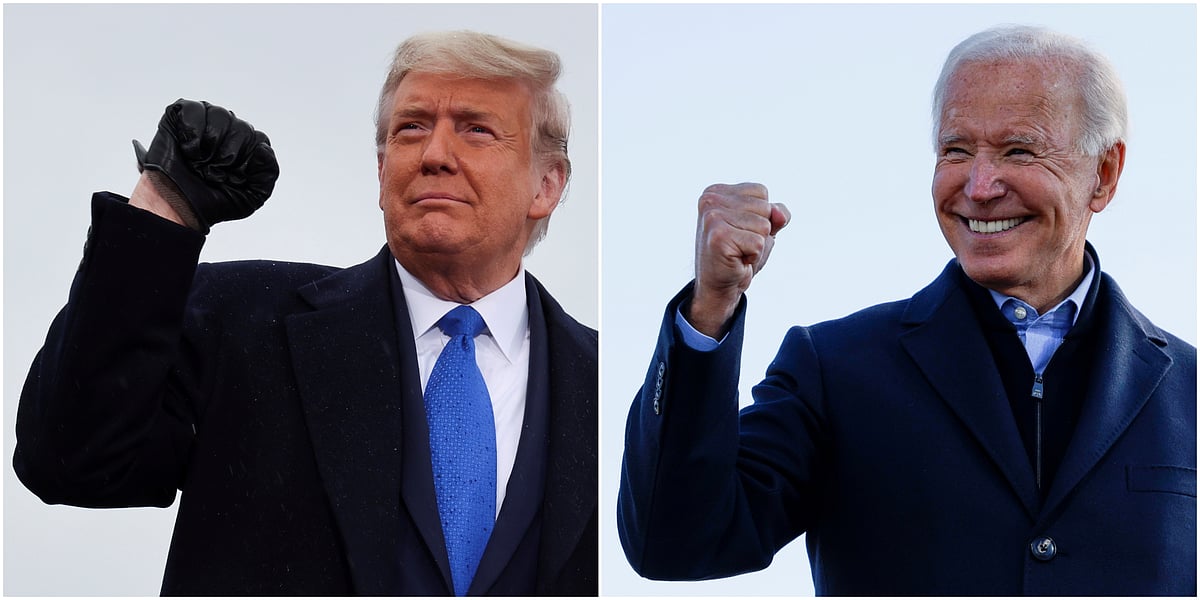 A combination picture shows US president Donald Trump pumping his fist during a campaign event at Capital Region International Airport in Lansing, Michigan, US on 27 October 2020, and Democratic US presidential nominee and former vice president Joe Biden making a fist during a drive-in campaign stop in Des Moines, Iowa, US, on 30 October 2020