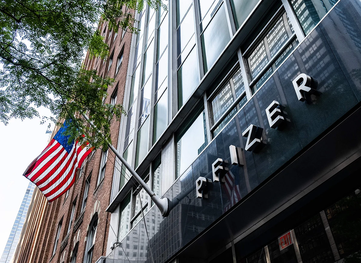 In this file photo taken on 22 July, 2020, Pfizer Inc. headquarters is seen in New York City.
