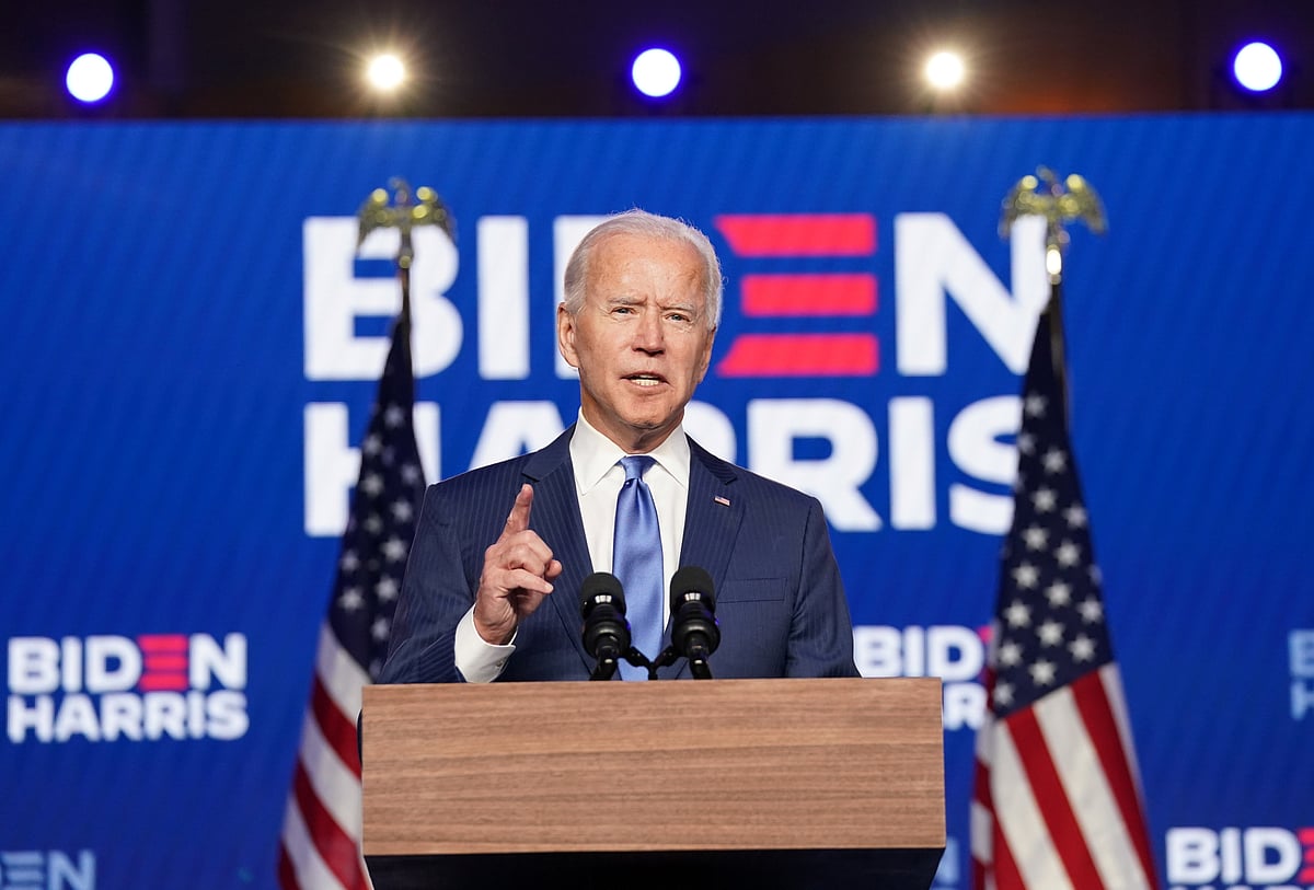 US Democratic presidential nominee Joe Biden speaks about election results in Wilmington, Delaware, US, on 6 November 2020