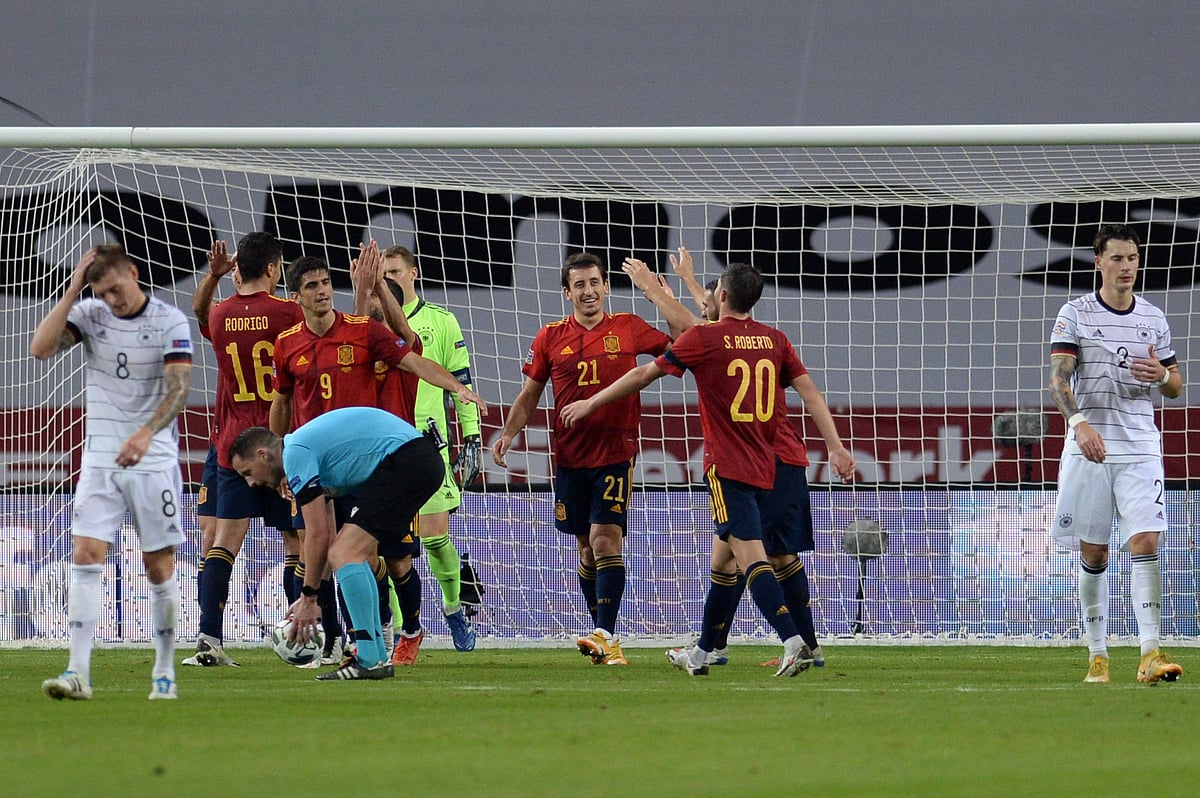 Spain’s players celebrate their sixth goal scored by midfielder Mikel Oyarzabal during the UEFA Nations League football match between Spain and Germany at La Cartuja stadium in Seville on 17 November 2020