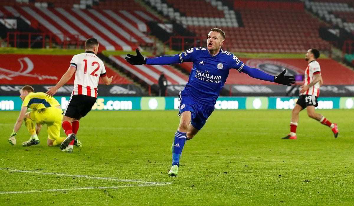 Leicester City's Jamie Vardy celebrates scoring their second goal against Sheffield United