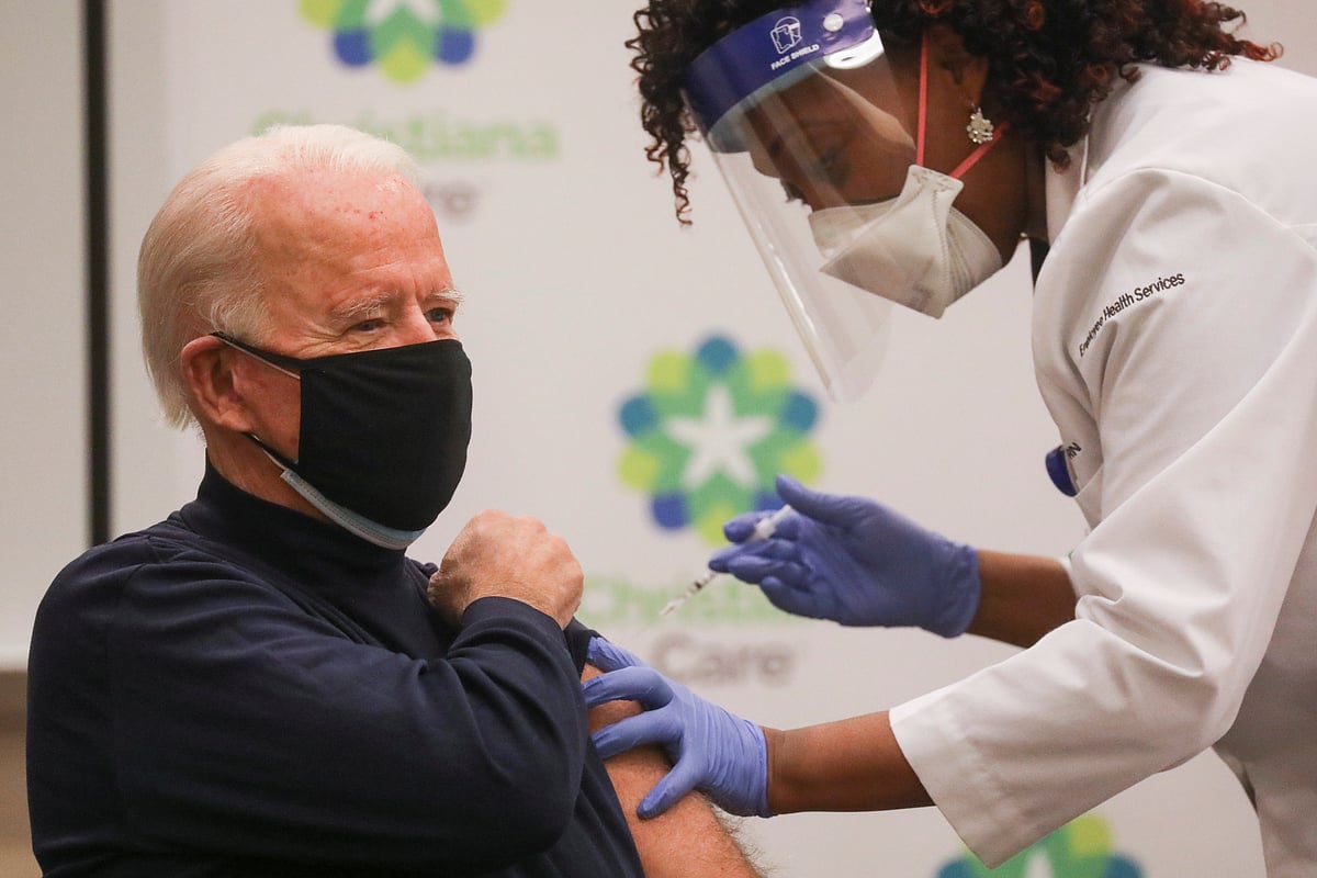 Nurse practitioner Tabe Mase gives US President-elect Joe Biden a dose of a vaccine against the coronavirus disease (COVID-19) at ChristianaCare Christiana Hospital, in Newark, Delaware, US on 21 December 2020