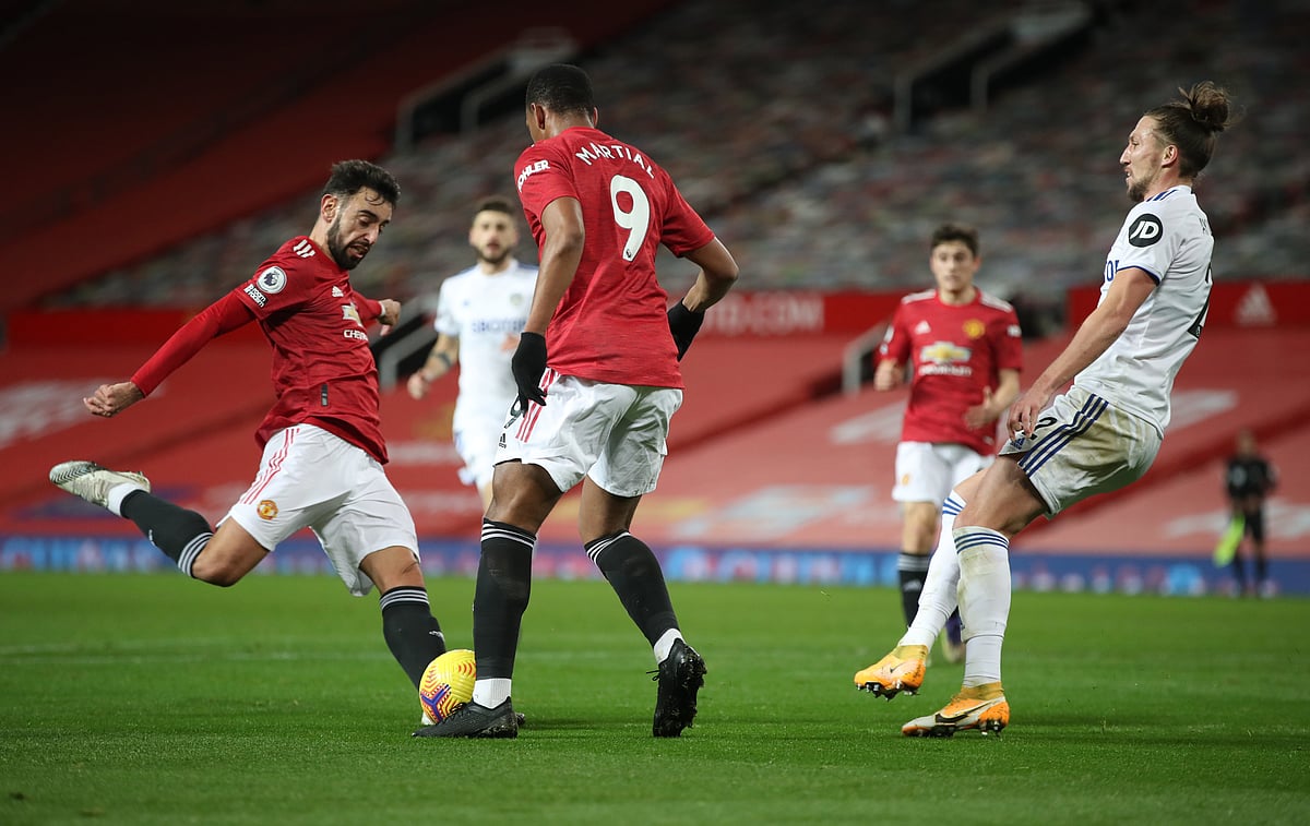 Manchester United's Bruno Fernandes scores their third goal against Leeds United at Old Trafford, Manchester, Britain on 20 December, 2020