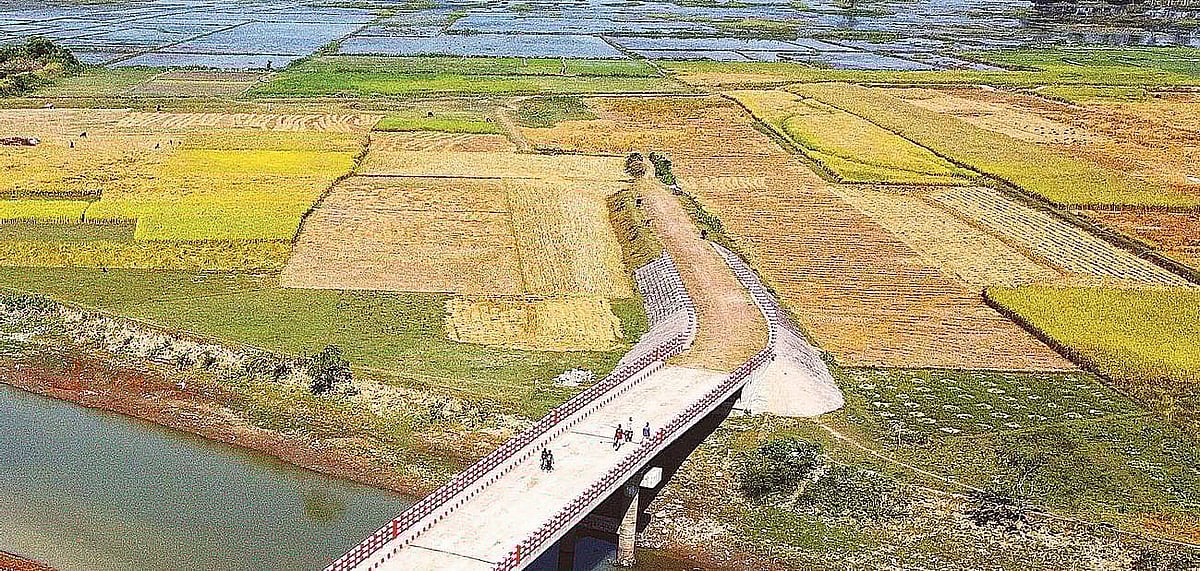 The bridge over the Chelar canal in Bhadgaon of Chhatak upazila, Sunamganj ends up in a paddy field where no vehicle can go