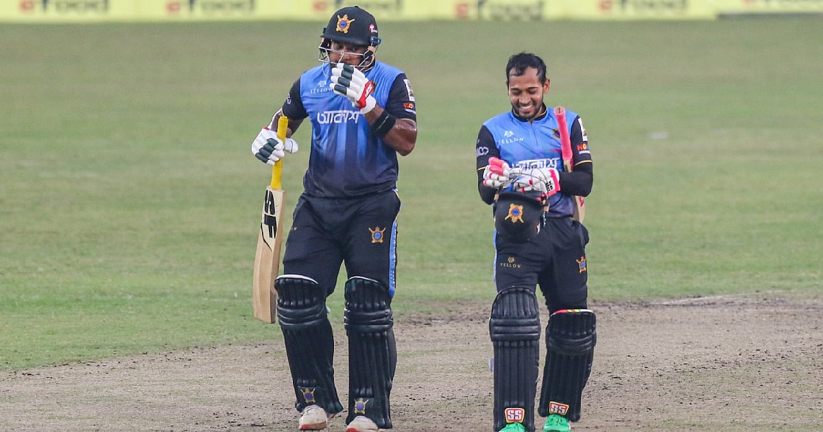 Mushfiqur Rahim (R) and Yasir Ali smile after ensuring the victory of Beximco Dhaka against Fortune Barishal at Sher-e-Bangla National Cricket Stadium, Mirpur, Dhaka on 2 December 2020