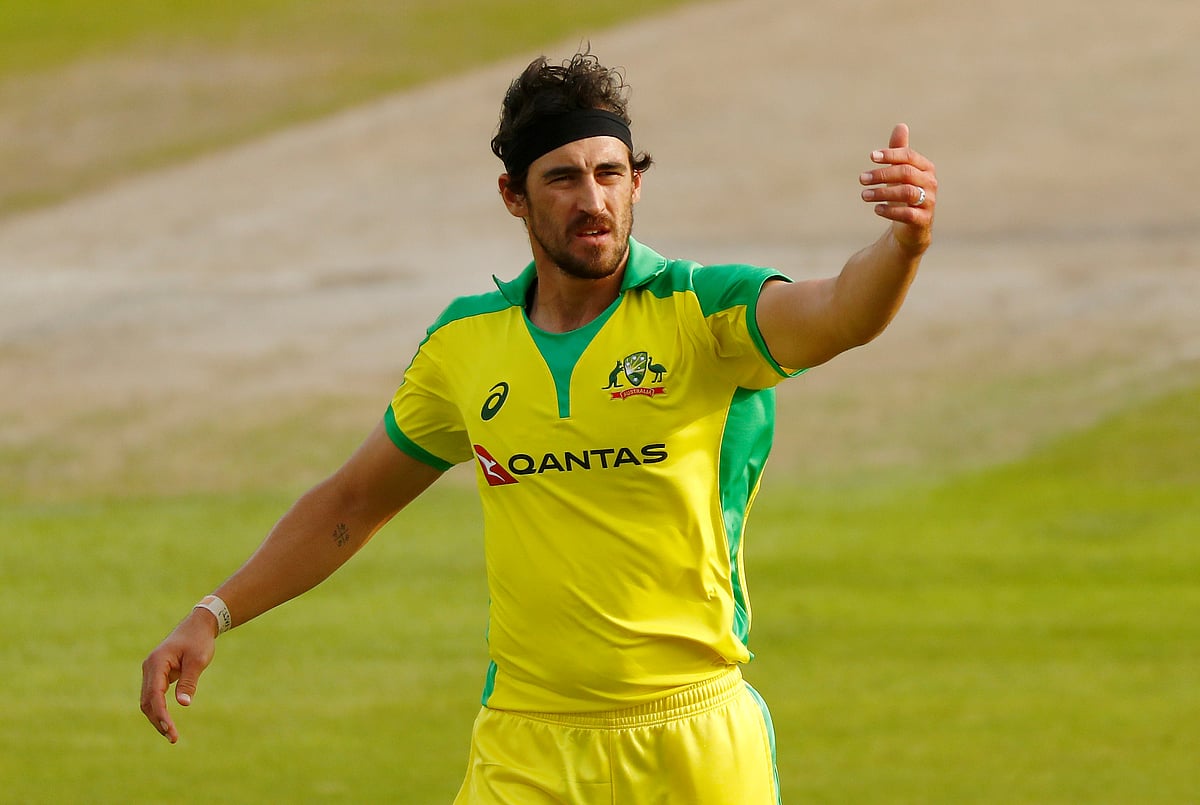 Australia's Mitchell Starc reacts during the third One Day International against England at Emirates Old Trafford, Manchester on 16 September 2020