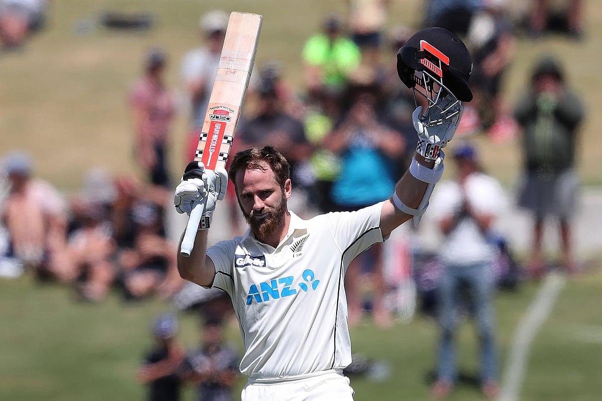 New Zealand’s captain Kane Williamson celebrates reaching his century (100 runs) during the second day of the first cricket Test match between New Zealand and Pakistan at the Bay Oval in Mount Maunganui on 27 December 2020