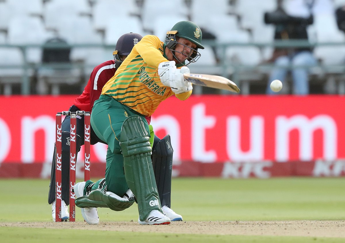 South Africa's Quinton de Kock in action in a Twenty20 match against England at Newlands Cricket Ground, Cape Town, South Africa, on 27 November 2020