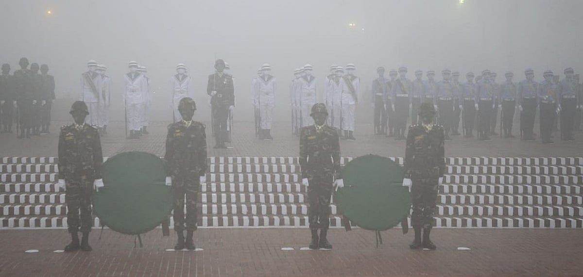 On behalf of president Abdul Hamid and prime minister Sheikh Hasina, their military secretaries pay homage to the martyrs of the Liberation War with wreaths