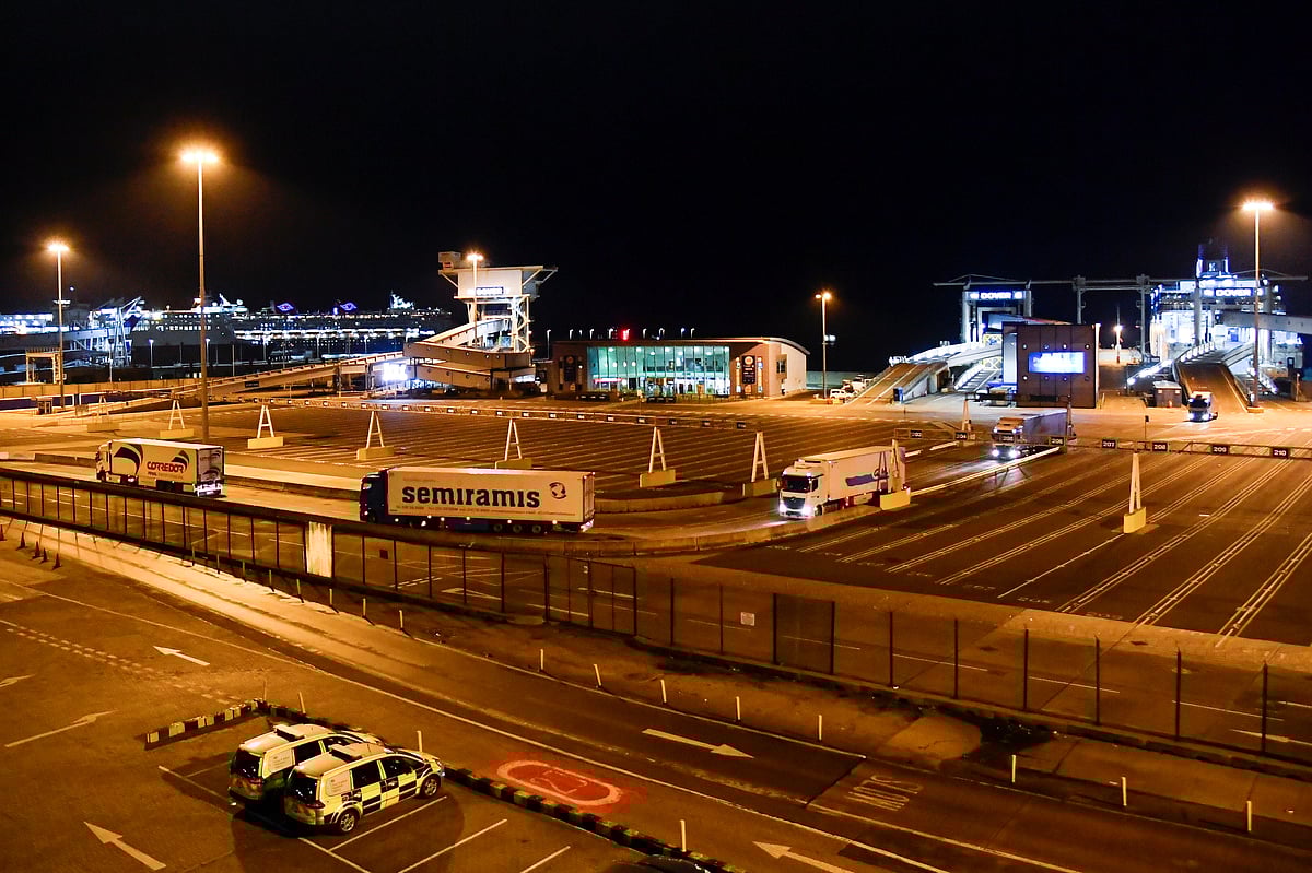 Freight lorries disembark from a cross channel ferry at the Port of Dover following the end of the Brexit transition period, in Dover, Britain, on 31 December 2020