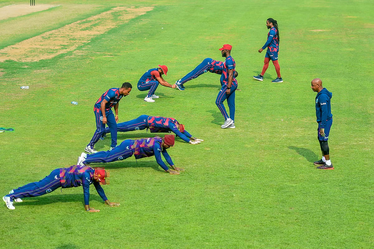 West Indies players attend a practice session at the Sher-e-Bangla National Cricket Stadium in Dhaka on 14 January 2021