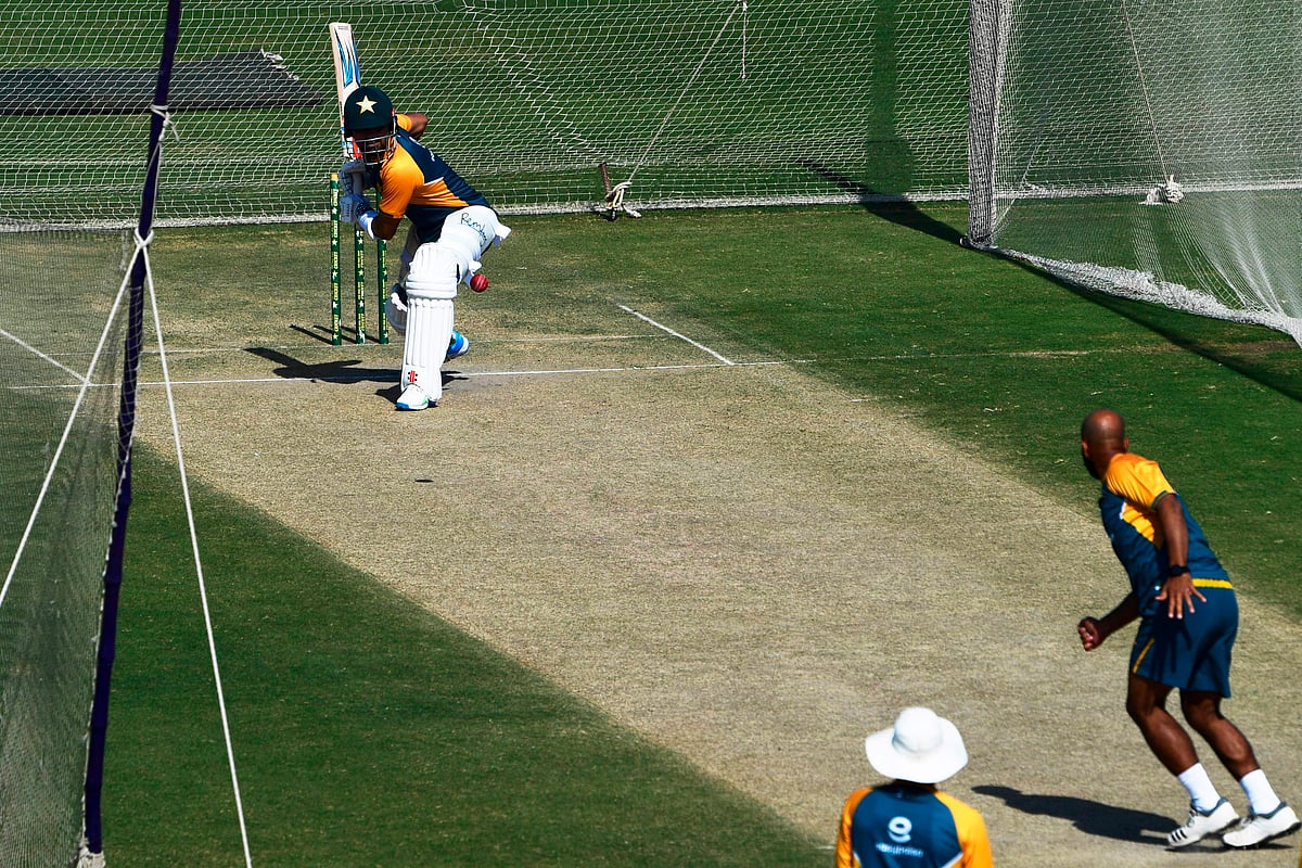 Pakistan's captain Babar Azam plays a shot during a practice session at the National Stadium in Karachi on 25 January, 2021, on the eve of their first cricket test match against South Africa.