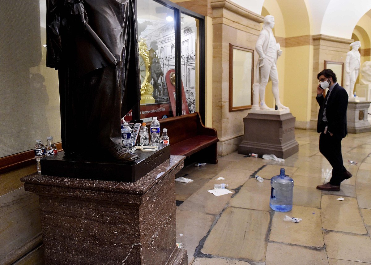 Damage is seen inside the US Capitol building early on 7 January, 2020 in Washington, DC, after supporters of US President Donald Trump breeched security and entered the building during a session of Congress.