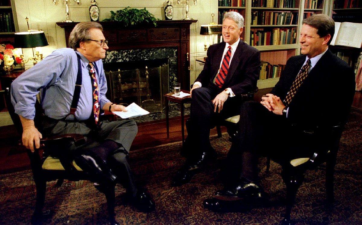 US president Clinton and vice-president Al Gore are interviewed by Larry King 5 June at the White House. Clinton said he intended to ask vice-president Gore to be his running mate again in his bid for re-election to the White House next year 5 June, 1995