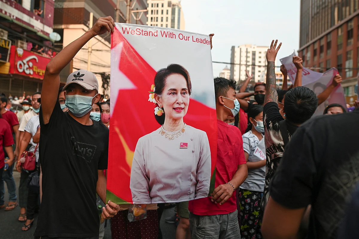 Demonstrators protest against the military coup and demand the release of elected leader Aung San Suu Kyi, in Yangon, Myanmar, on 6 February 2021