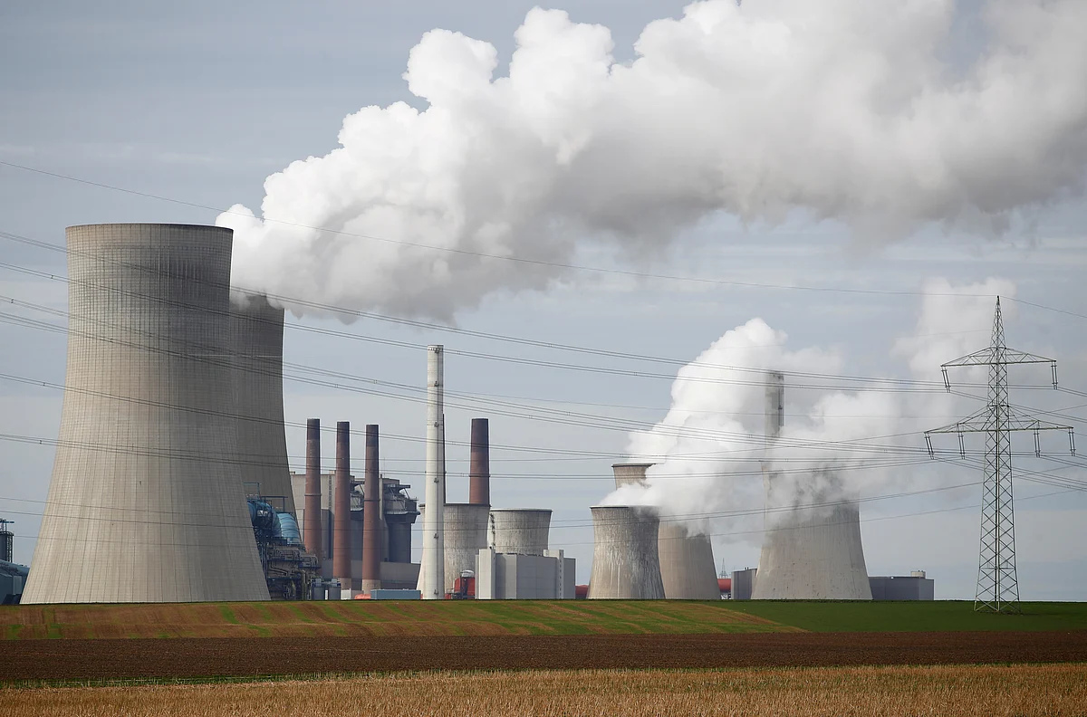 Steam rises from the five brown coal-fired power units of RWE, one of Europe's biggest electricity companies in Neurath, north-west of Cologne, Germany on 12 March 2019.