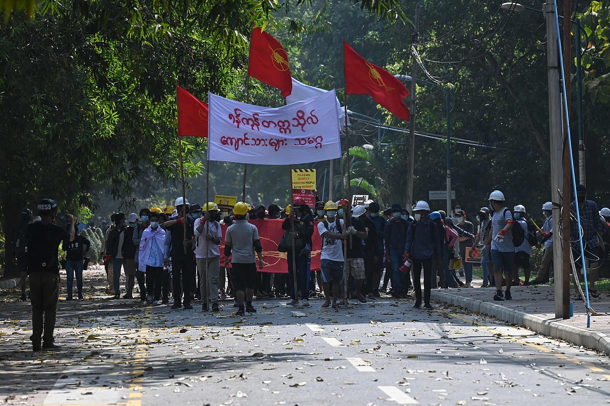 Students protest in the Yangon University compound against the military coup in Yangon on 25 February 2021