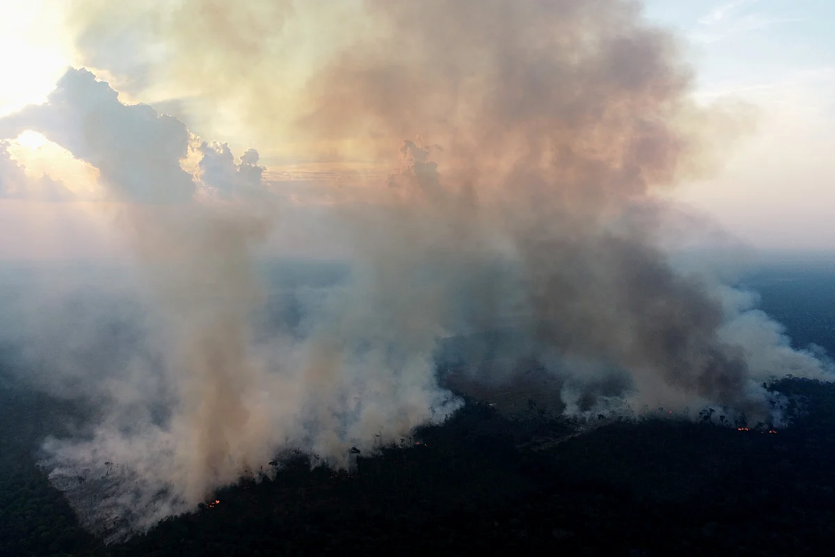 Smoke billows from a fire in an area of the Amazon jungle which burns as it is cleared by loggers and farmers near Porto Velho, Rondonia State, Brazil 16 August 2020.