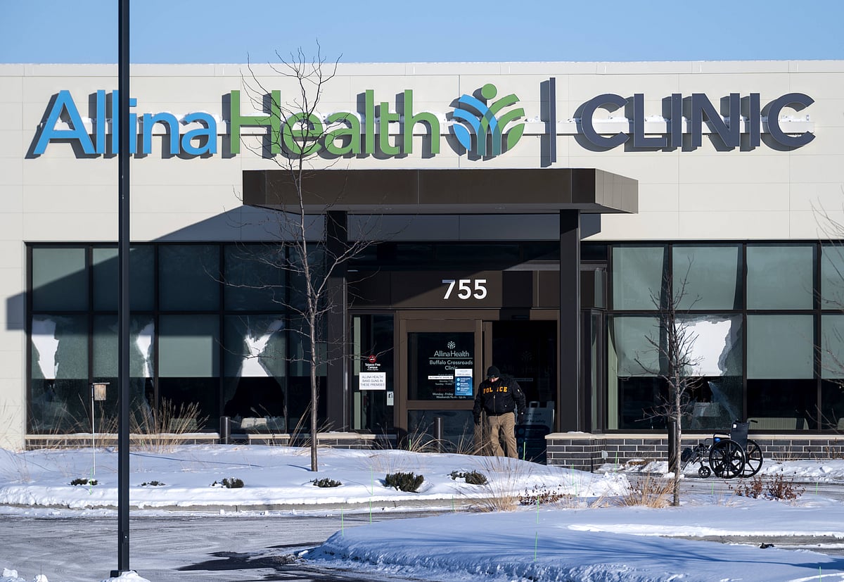 A general view of the damaged exterior windows of the Allina Health Clinic where a shooting took place on 9 February 2021 in Buffalo, Minnesota