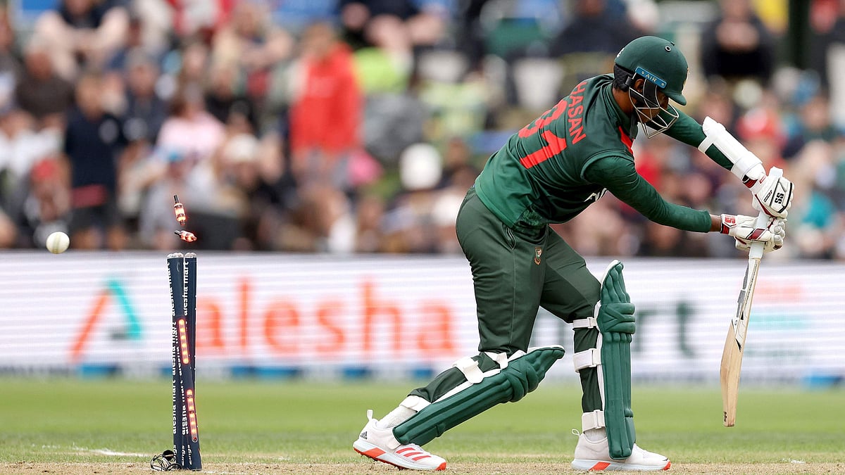 Bangladesh's Mehidy Hasan is bolwed during the first ODI match between New Zealand and Bangladesh at University Oval in Dunedin on 20 March 2021
