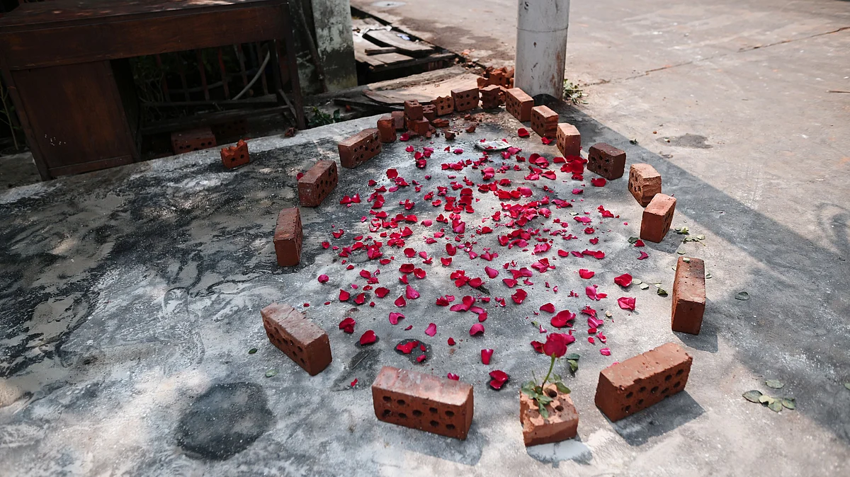 Flower petals are seen at a spot where Aung Than, 41, was killed during a raid by security forces in Thaketa, Yangon, Myanmar on 13 March 2021