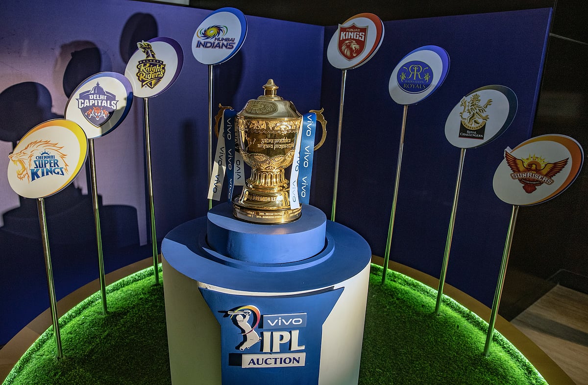 IPL trophy during the 2021 Indian Premier League player auction, at the Hotel ITC Grand Chola in Chennai, on Thursday.