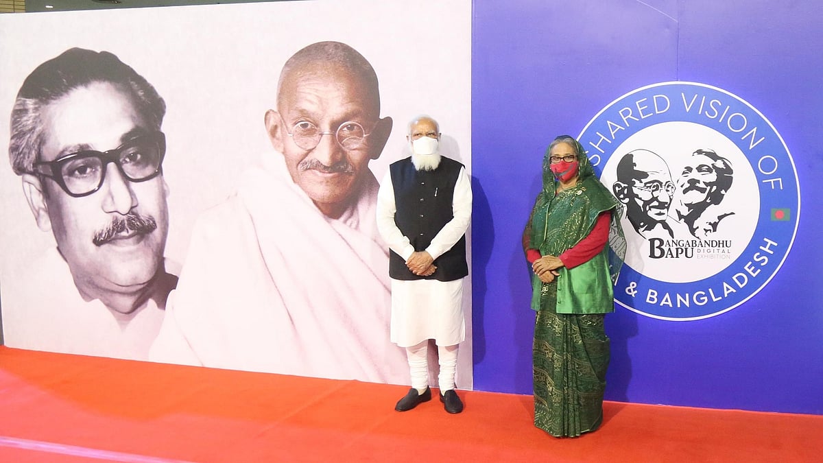 Prime minister Sheikh Hasina and her Indian counterpart Narendra Modi jointly inaugurate ‘Bangabandhu-Bapu Digital Exhibition’ at Bangabandhu International Conference Centre, Dhaka on 26 March 2021