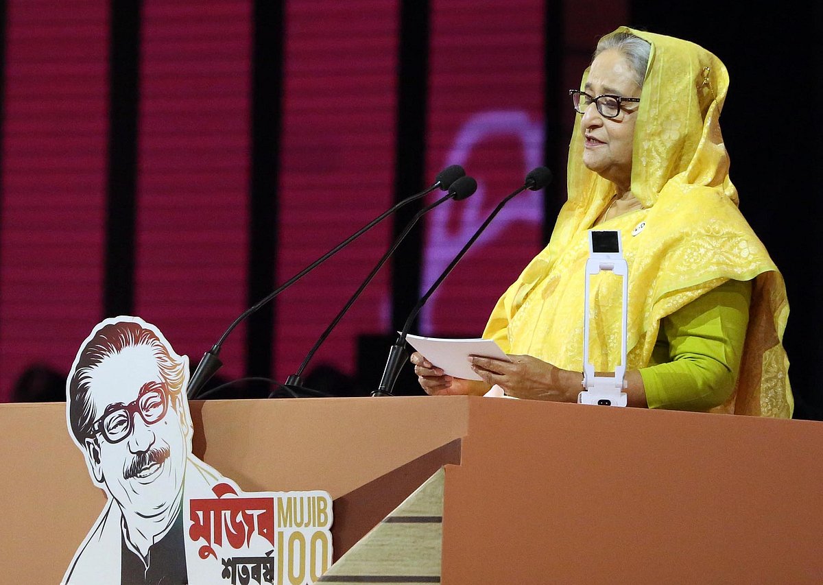 Prime minister Sheikh Hasina speaks at the programme marking birth centenary of Father of the Nation and Golden Jubilee of Bangladesh’s Independence on Wednesday