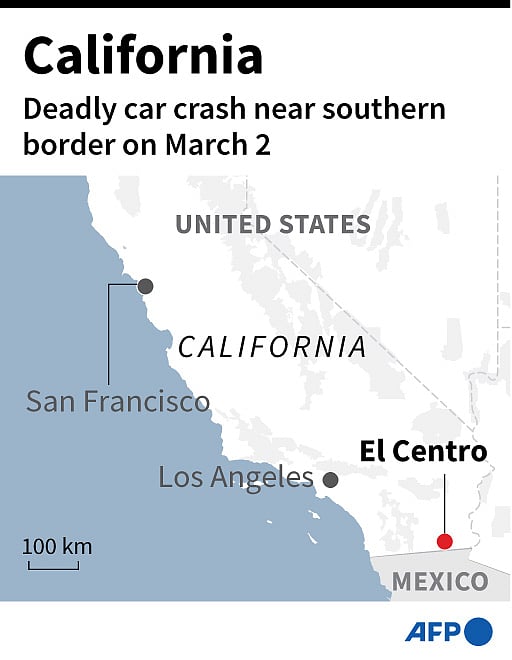 Map of southern California locating El Centro town near where more than a dozen people were killed on Tuesday when an SUV collided with a truck
