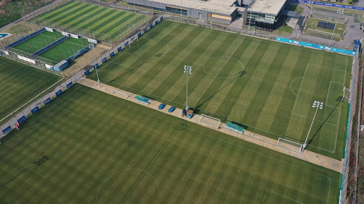 This file photo taken on March 2, 2021 shows an aerial view of empty football fields at a training centre of Jiangsu FC, formerly known as Jiangsu Suning in Nanjing, in eastern China's Jiangsu province, after Jiangsu FC on February 28, said they had "ceased operations". Fans of Chinese football champions Jiangsu FC say police have warned them not to protest or "make trouble" after the club's abrupt financial collapse, describing themselves as angry, heartbroken and powerless