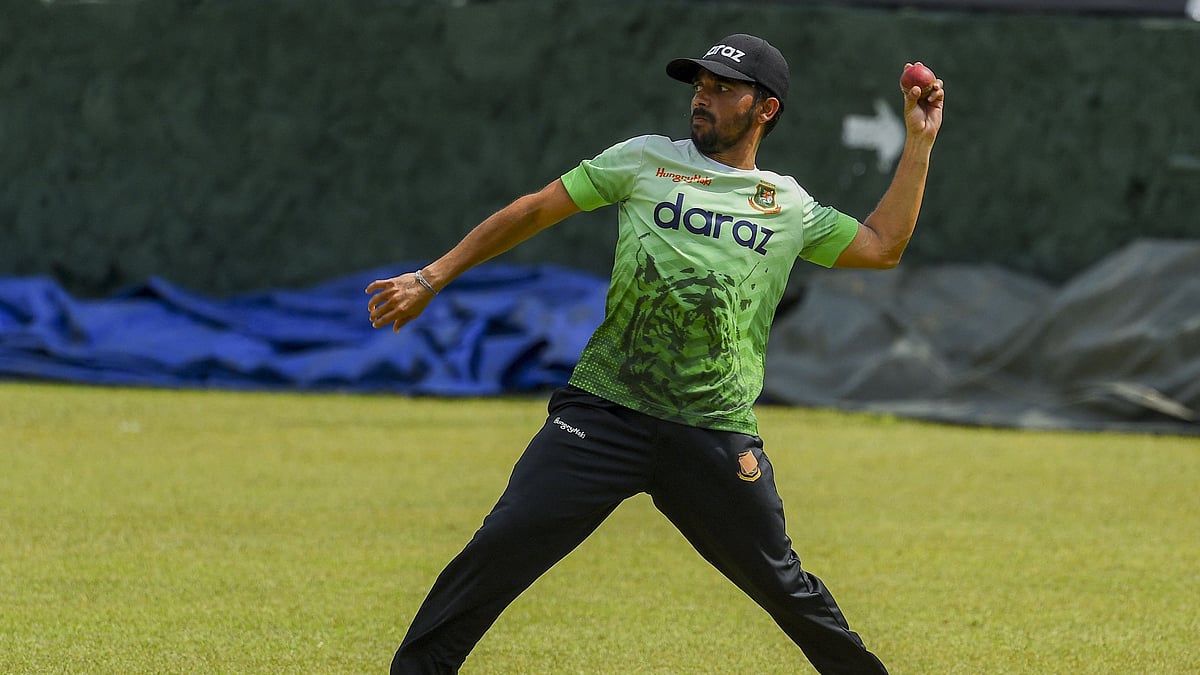 Bangladesh's cricket captain Mominul Haque throws a ball during a practice session ahead of their first test match against Sri Lanka at the Pallekele International Cricket Stadium in Kandy on 20 April 2021