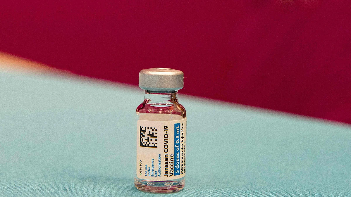 In this file photo taken on 3 March 2021 A vial of the Johnson & Johnson Covid-19 vaccine is viewed at Hartford Hospital in Hartford, Connecticut