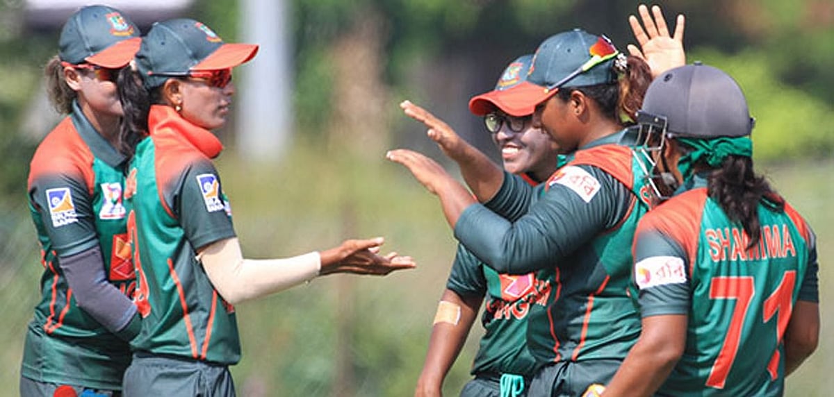 Bangladesh women’s cricket team celebrates a wicket