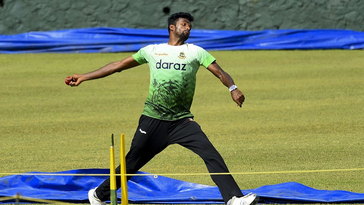 Bangladesh's Ebadot Hossain bowls during a practice session ahead of their first test match against Sri Lanka at the Pallekele International Cricket Stadium in Kandy on 20 April 2021
