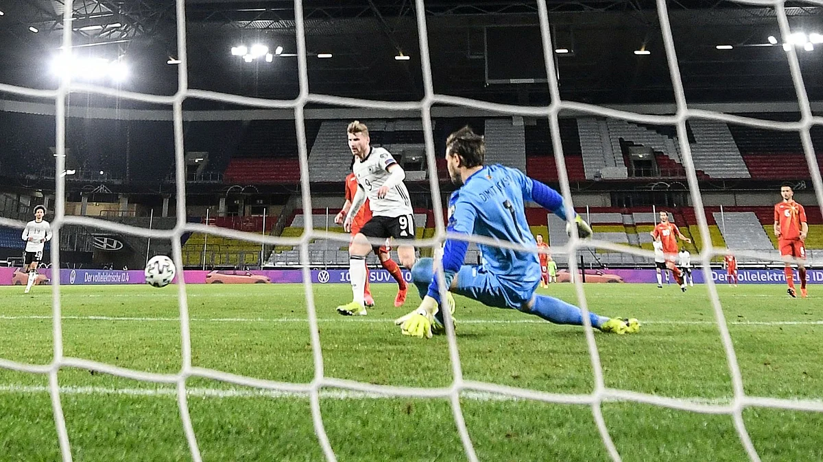 Germany's forward Timo Werner fails to score past North Macedonia's goalkeeper Stole Dimitrievski during the FIFA World Cup Qatar 2022 qualification football match Germany v North Macedonia in Duisburg, western Germany on 31 March 2021