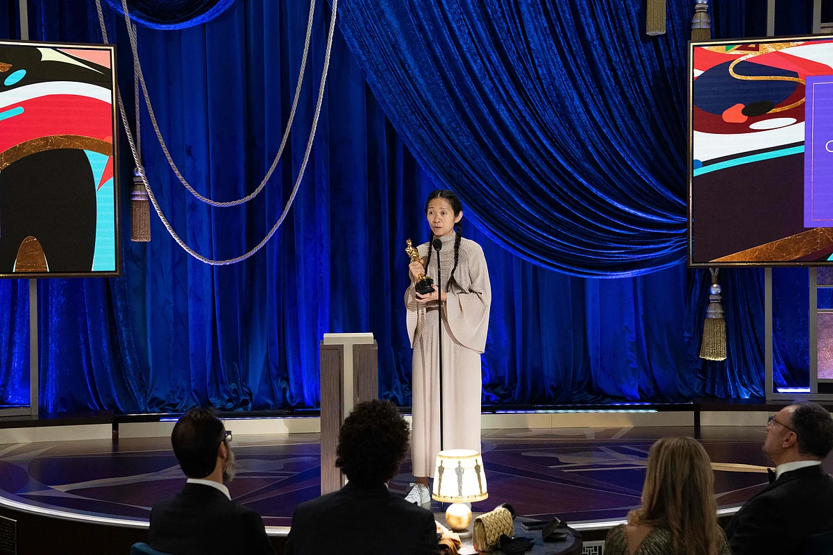 In this handout photo courtesy of AMPAS (Academy of Motion Picture Arts and Sciences) Chloe Zhao accepts the Oscar for Directing "Nomadland" during the live ABC Telecast of The 93rd Oscars at Union Station in Los Angeles, on 25 April