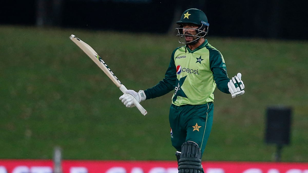 Pakistan's Mohammad Nawaz celebrates after victory in the fourth Twenty20 international cricket match between South Africa and Pakistan at SuperSport Park in Centurion on 16 April, 2021